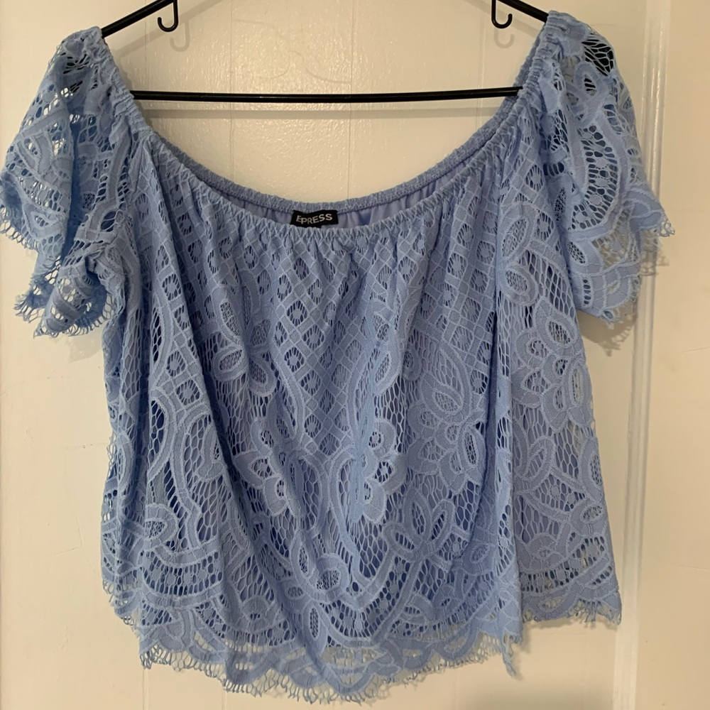 Express off the shoulder blue lace crop top